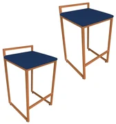 Conjunto 02 Banqueta Alta Industrial Pietra Suede Base Cobre D'Rossi - Azul Marinho