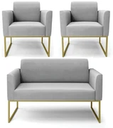 Sofá Namoradeira com 2 Poltronas Base Industrial Dourado Marisa Suede D03 - D'Rossi - Cinza