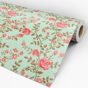 Papel de Parede Floral Rosa Vermelha Galhos Marrom Fundo Verde