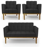 Conjunto 2 Poltronas e 1 Namoradeira Decorativa Karen Pés Fixo em Madeira Castanho PU Preto G19 - Gran Belo