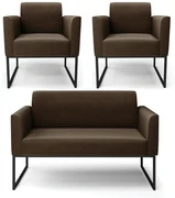 Sofá Namoradeira com 2 Poltronas Base Industrial Preto Marisa Suede D03 - D'Rossi - Marrom