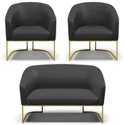 Namoradeira e 2 Poltronas Industrial Dourado Stella Sintético D03 - D'Rossi - Preto