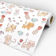 Papel de parede adesivo casual gatos pássaros e flores