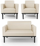 Conjunto 2 Poltronas e 1 Namoradeira Decorativa Isabella Pés Fixo em Madeira Preto PU Bege G19 - Gran Belo