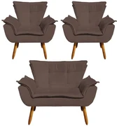 Conjunto 2 Poltronas e 1 Namoradeira Pés Palito Charger Suede Marrom G19 - Gran Belo