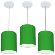 Kit/3 Lustre Pendente Cilíndrico Md-4012 Cúpula em Tecido 18x25cm Verde Folha - Bivolt