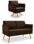 Kit 01 Namoradeira 02 Lugares e 01 Poltrona Mari Suede Base de Madeira MA30 - D'Rossi - Marrom
