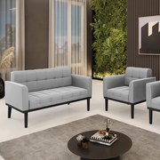 Conjunto Poltrona e Namoradeira Decorativa Karen Pés Fixo em Madeira Preto Suede Cinza G19 - Gran Belo