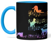 Caneca Gato Musical Arco Iris Cat Lover Preta com Alça Azul