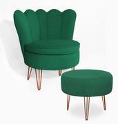 Poltrona Decorativa Dália com Puff Chloe Hairpin Legs Bronze Veludo Verde Bandeira