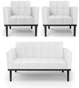 Conjunto 2 Poltronas e 1 Namoradeira Decorativa Karen Pés Fixo em Madeira Preto PU Branco G19 - Gran Belo