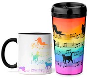 Kit Copo Viagem e Caneca Gato Musical Arco Iris Cat Lover