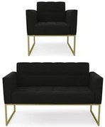 Sofá Namoradeira e 1 Poltrona Base Industrial Dourado Ana Suede Preto