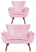Sofá Namoradeira e Poltrona Pé Palito Castanho Opala Suede D03 - D'Rossi - Rosa Bebê