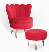 Poltrona Decorativa Dália com Puff Chloe Hairpin Legs Bronze Veludo Vermelho