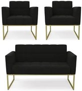 Sofá Namoradeira e 2 Poltronas Base Industrial Dourado Ana Suede Preto