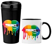 Kit Copo Viagem e Caneca Boca Lábios Coloridos