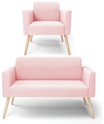 Sofá Namoradeira com Poltrona Pés Palito Natural Marisa Suede D03 - D'Rossi - Rosa Bebê