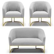 Namoradeira e 2 Poltronas Base Industrial Dourado Stella Suede Cinza D03 - D'Rossi