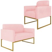 Conjunto Namoradeira e Poltrona Decorativa Isabella Base Industrial Suede Rosa Bebê/Dourado G19 - Gran Belo