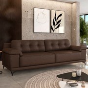 Sofá Living 3 lugares 212cm Agostino Pés Design em Ferro Couro Marrom Manchado G52 - Gran Belo