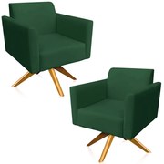 Kit 02 Poltronas Decorativas Isabella Base Giratória Madeira Suede Verde G19 - Gran Belo