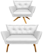 Kit 01 Namoradeira e 01 Poltrona Giratória Anitta Corino Base Madeira MA30 D'Rossi - Branco