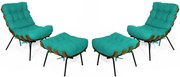 Kit 2 Poltronas Costela Com 2 Puff Costela Suede Azul Tiffany