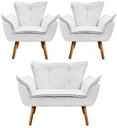 Namoradeira e 2 Poltronas Pé Palito Castanho Opala Corino D03 - D'Rossi - Branco