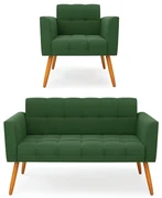 Kit 1 Sofá Namoradeira e 1 Poltrona Elisa Suede Pés Palito Castanho - D'Rossi - Verde