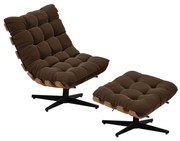 Kit 01 Poltrona e 01 Puff Giratório Costela Suede Marrom Base Metálica Preto - D'Rossi