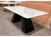 Mesa de Jantar Carmerin Retangular Tampo em Vidro Marmorizado Base em Metal Design Contemporâneo