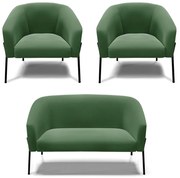 Namoradeira e 2 Poltronas Pé de Ferro Preto Stella Suede D03 - D'Rossi - Verde