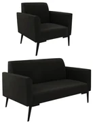 Sofá Namoradeira com Poltrona Pés Villach Marisa Suede D03 - D'Rossi - Preto