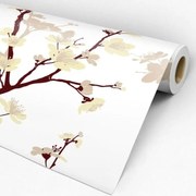 Papel de Parede Floral Branco Amarelo e Vermelho Bordô 0.52m x 3.00m