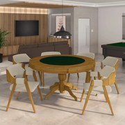 Conjunto Mesa de Jogos Carteado Bellagio Tampo Reversível Verde e 6 Cadeiras Madeira Poker Base Estrela Linho OffWhite/Mel G42 - Gran Belo