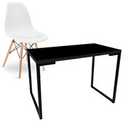 Kit Mesa Para Computador Escrivaninha Porto Preto 120 cm e Cadeira Eiffel Charles Eames Branco D'Rossi