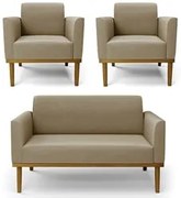 Sofá Namoradeira e 2 Poltronas Base Madeira Castanho Maressa Suede Mar