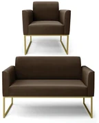 Sofá Namoradeira com Poltrona Base Industrial Dourado Marisa Suede D03 - D'Rossi - Marrom