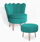 Poltrona Decorativa Dália com Puff Chloe Hairpin Legs Bronze Veludo Azul Tiffany