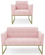 Sofá Namoradeira e 1 Poltrona Base Industrial Dourado Ana Suede Rosa B