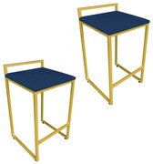 Conjunto 02 Banqueta Alta Industrial Pietra Suede Azul Marinho Base Dourado D'Rossi