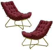 Kit 2 Poltronas Decorativas Sala de Estar Caim Base de Ferro Dourado Suede Bordo G41 - Gran Belo