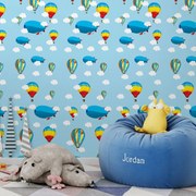 Papel de Parede infantil azul com balões e nuvens 0.52m x 3.00m