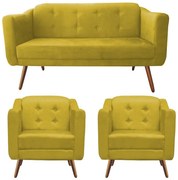 Kit Namoradeira + 2 Poltronas Bruna Pé Palito Suede Amarelo