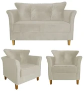 Kit Sofá Namoradeira + 2 Poltronas Ibis Decorativa Suede Bege
