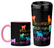 Kit Copo Viagem e Caneca Cachorro Musical Arco Iris Dog Lover Rosa