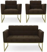 Sofá Namoradeira e 2 Poltronas Base Industrial Dourado Ana Suede Marro