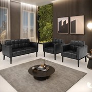 Conjunto 2 Poltronas e 1 Namoradeira Decorativa Karen Pés Fixo em Madeira PU Preto Brilho G19 - Gran Belo