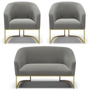 Namoradeira e 2 Poltronas Base Industrial Dourado Stella Suede D03 - D'Rossi - Grafite